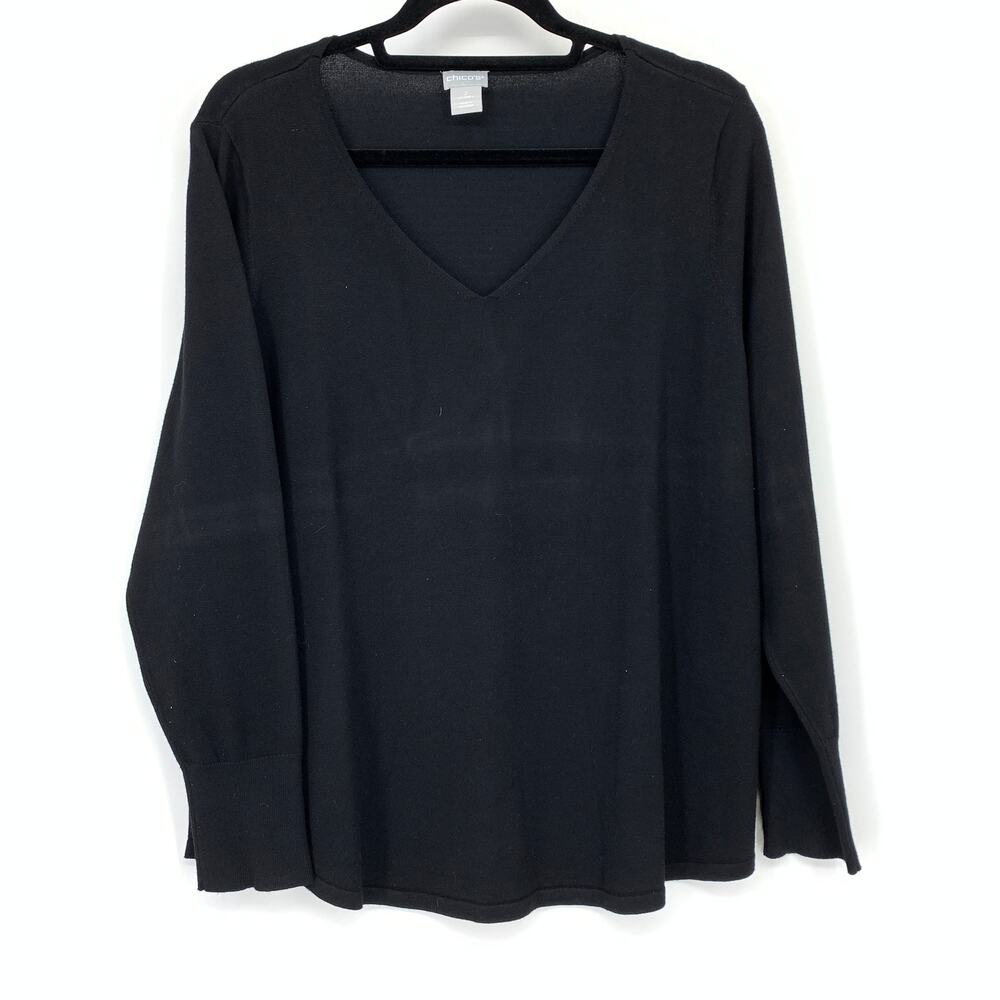 Chicos V-Neck Pullover Thin Sweater Womens Size 2 US L Black Button Cuff Detail